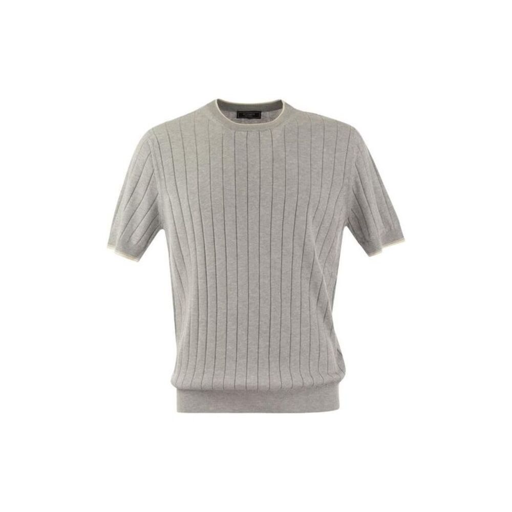 PESERICO Men's Ribbed Knit Short Sleeve T-Shirt Men GREY/WHITE T-Shirts